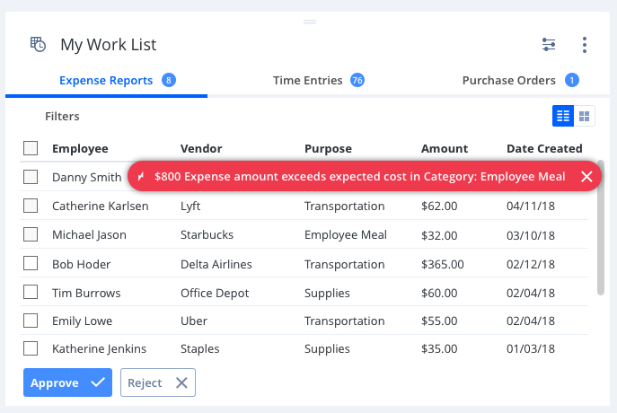 Worklist with intelligent suggestions: auto-approvals and benchmarks surfaced inline