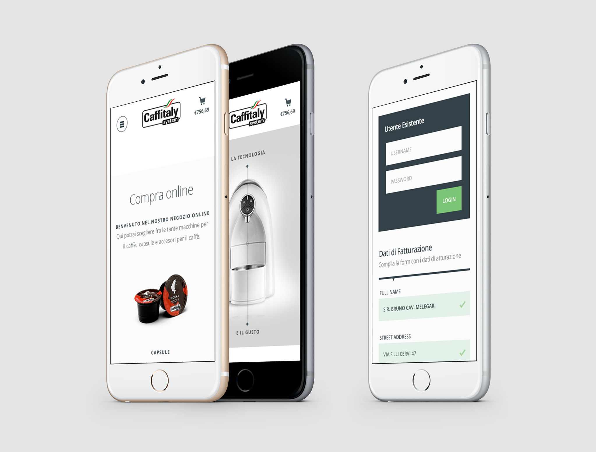 Caffitaly companion app — iPhone three-quarter render