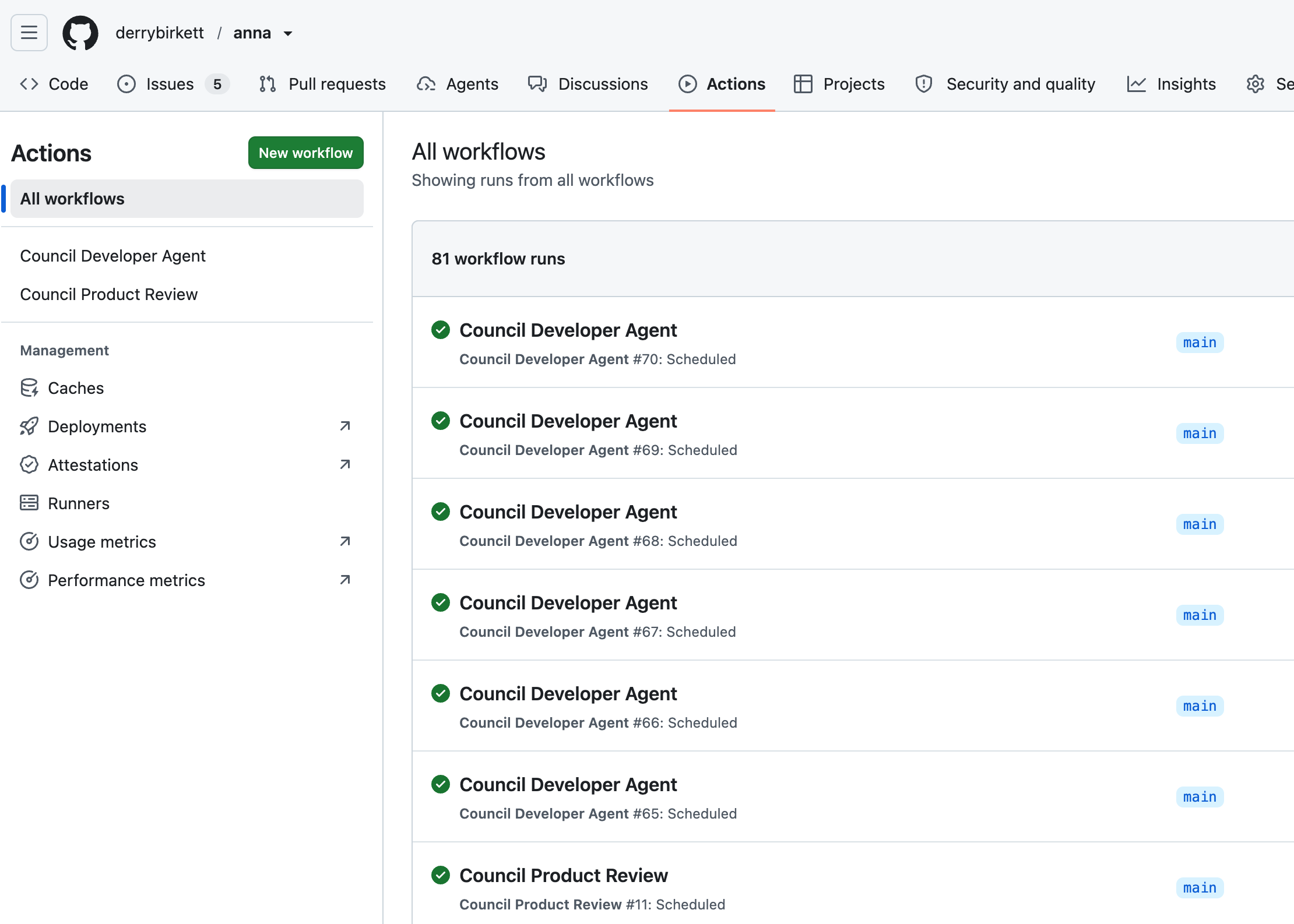 anna GitHub Actions showing 81 runs from two Council agents