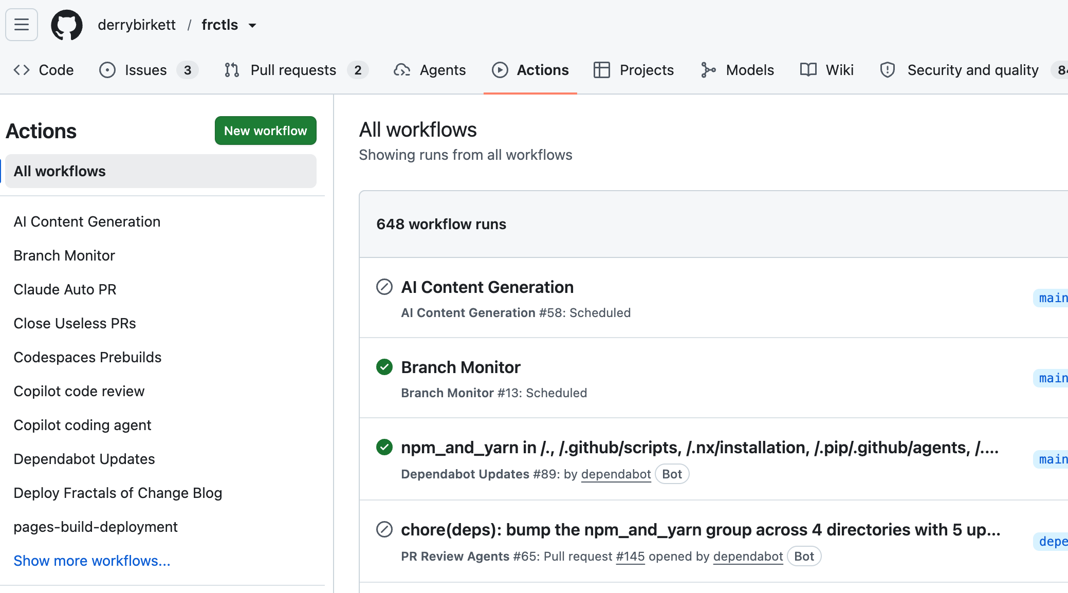 frctls GitHub Actions showing 648 workflow runs across many agent workflows