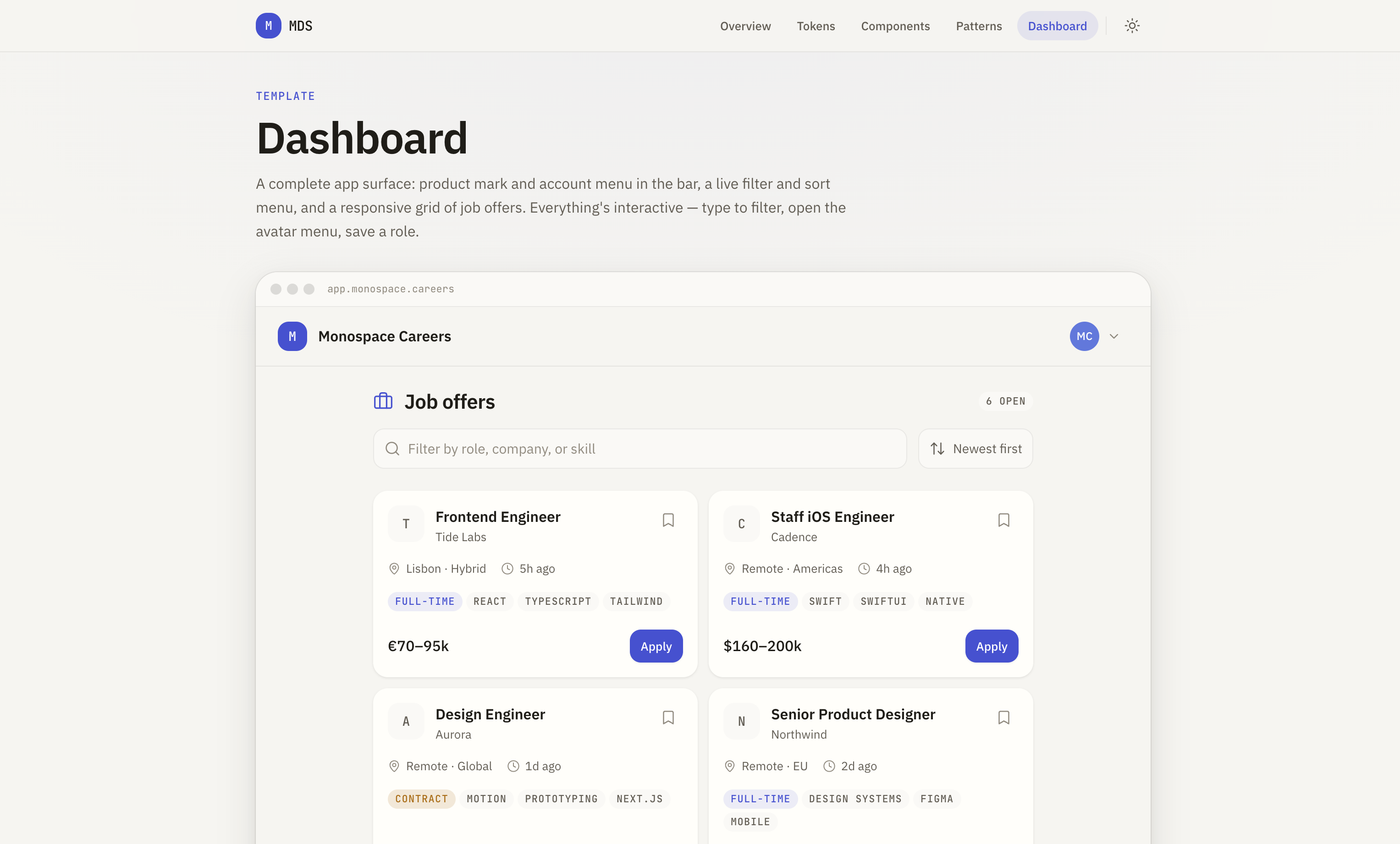 MDS Dashboard template showing a job-board interface with filtering and a responsive card grid