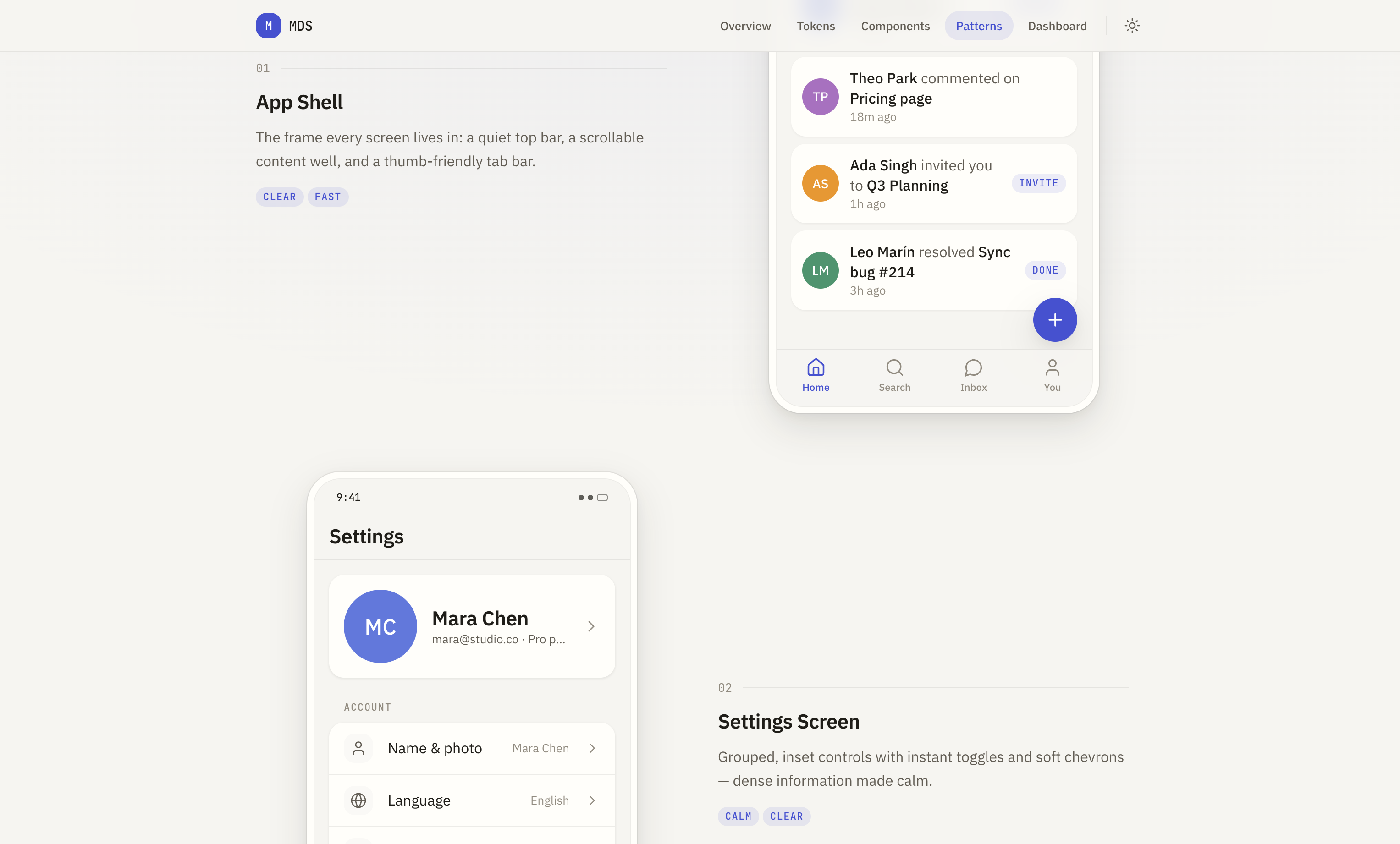 MDS patterns on a mobile viewport — App Shell and Settings Screen
